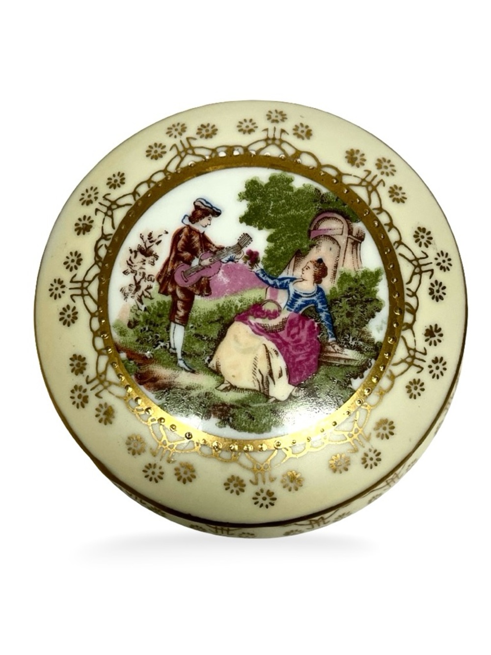Trinket Box Lefton EUC! Vintage couple Cream, Gold, Pink & Blue, no chips 3.75”